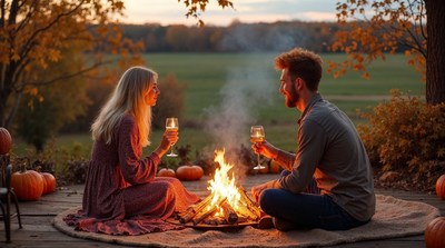 Couple toasting wine by campfire