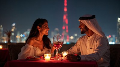 Arab couple romantic dinner Burj Khalifa