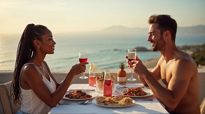 Black woman and man toasting wine at sunset dinner