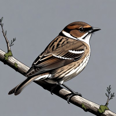 Sparrow perched on mossy branch