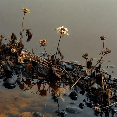 Dried flowers on wet rocks