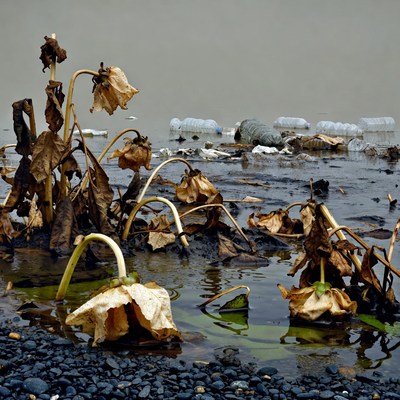 Wilted lilies amid plastic pollution