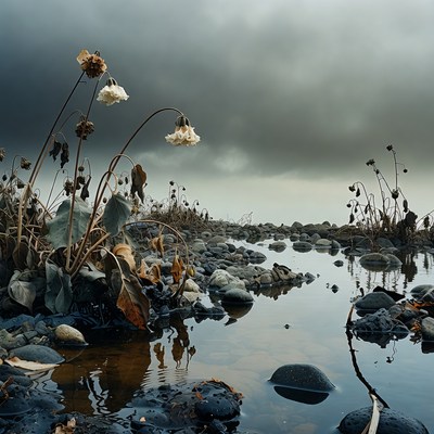 Wilted white flowers on rocky shore