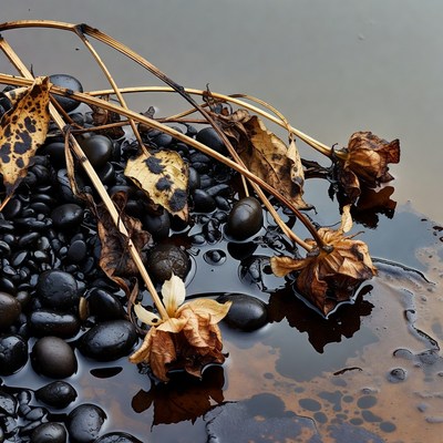 Wilted Roses on Black Pebbles