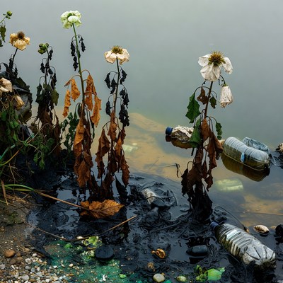 Wilted flowers amid water pollution