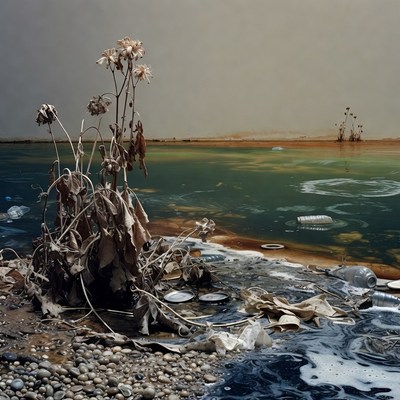 Dried Flowers on Polluted Beach Shore