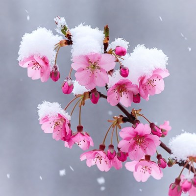 Pink Cherry Blossoms Covered in Snow