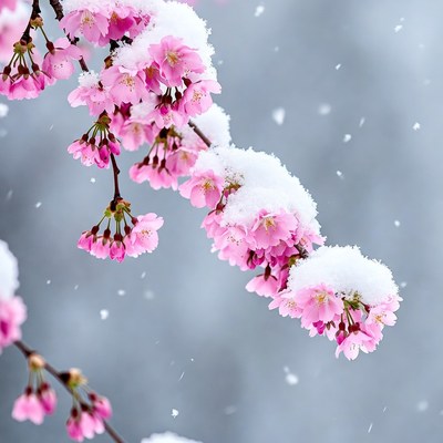 Snow-Covered Pink Cherry Blossoms