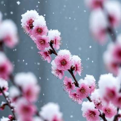 Snow-Covered Pink Cherry Blossoms
