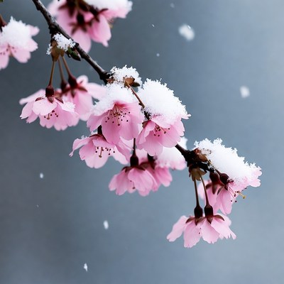 Snow-covered pink cherry blossoms