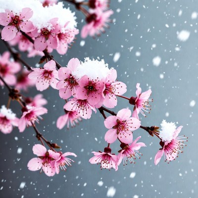 Snow-Covered Pink Cherry Blossoms