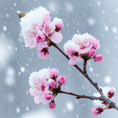 Snow-covered pink cherry blossoms