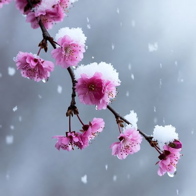 Pink Cherry Blossoms Covered in Snow
