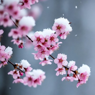 Pink Cherry Blossoms Covered in Snow