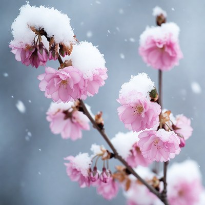 Snow-Covered Pink Cherry Blossoms