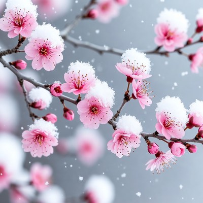 Pink Cherry Blossoms Covered in Snow