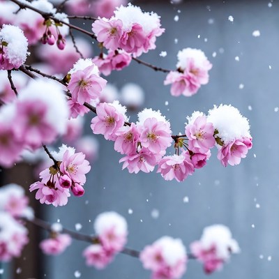 Pink Cherry Blossoms Covered in Snow