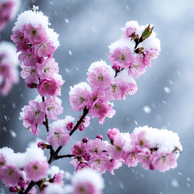 Pink Cherry Blossoms Covered in Snow