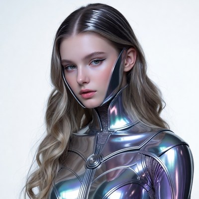 Woman in metallic futuristic armor