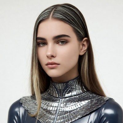 Woman in metallic collar outfit
