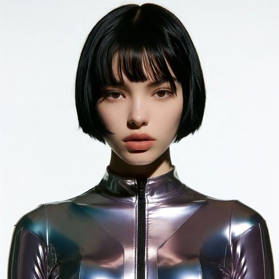 Asian woman in shiny silver jumpsuit