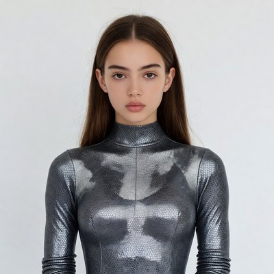 Woman in shiny metallic turtleneck