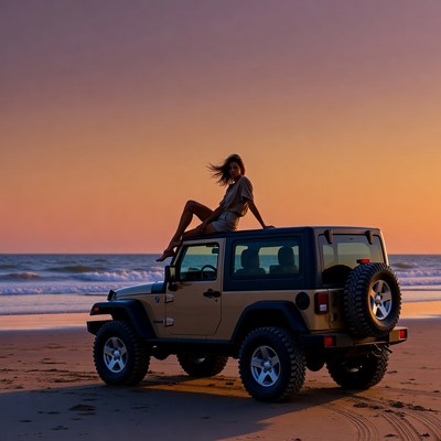 Woman sitting on Jeep at sunset beach