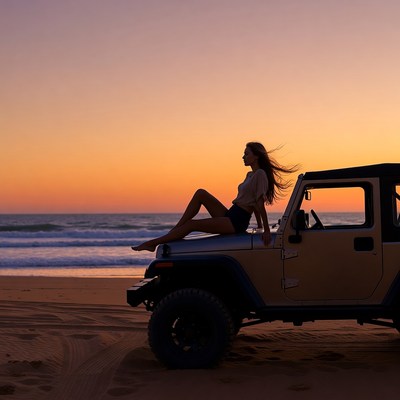 Woman sitting on Jeep at sunset beach