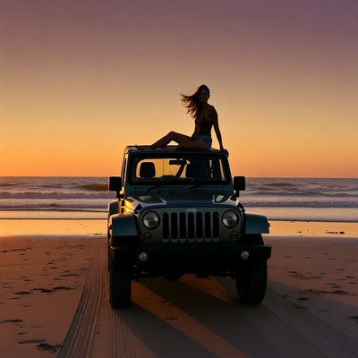 Woman sitting on Jeep at sunset beach