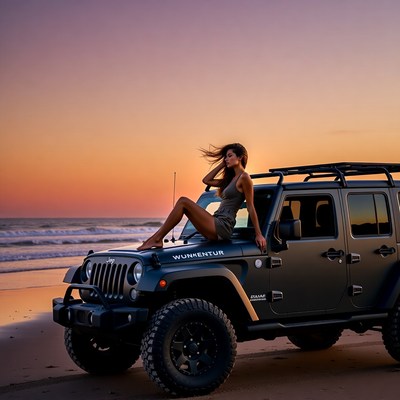 Woman sitting on Jeep at sunset beach