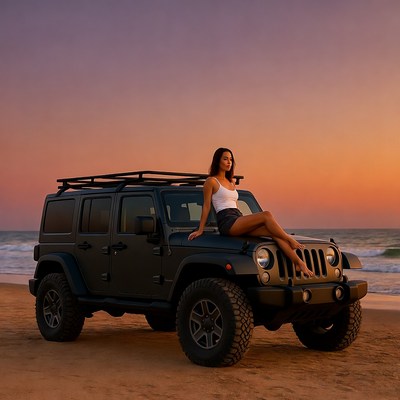 Woman sitting on black Jeep at sunset beach