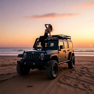 Woman posing on Jeep at beach sunset