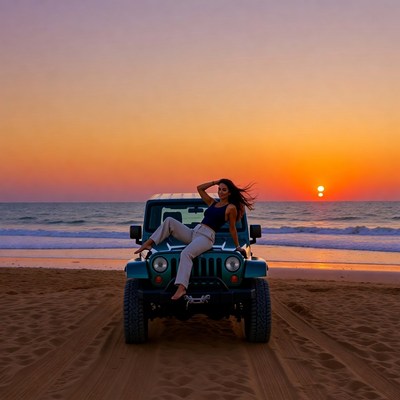 Woman posing on Jeep at beach sunset