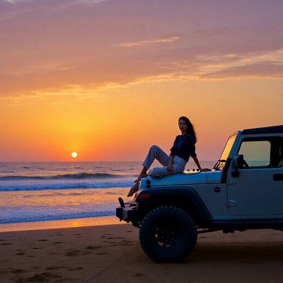 Woman sitting on Jeep at beach sunset
