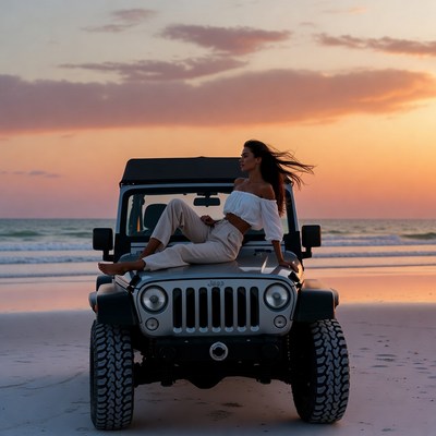 Woman lounging on Jeep at sunset beach