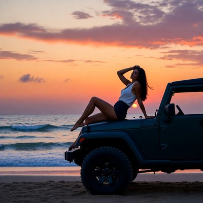 Woman sitting on Jeep at sunset beach