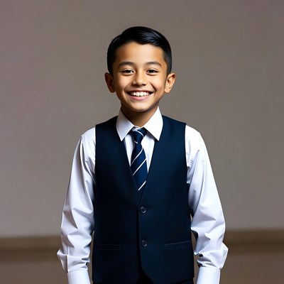 Smiling Asian boy in navy vest suit