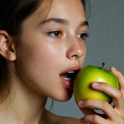 Young woman biting green apple