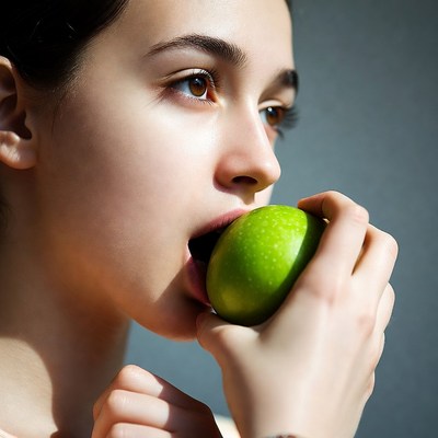 Woman biting green apple