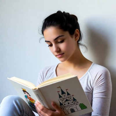 Young woman reading children's book
