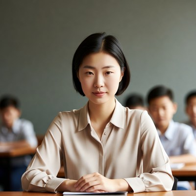 Asian teacher at classroom desk