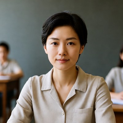 Asian woman teacher at classroom desk