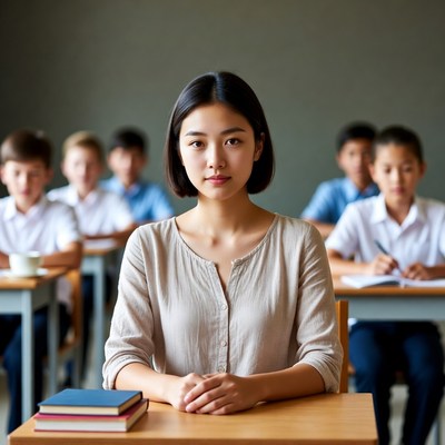 Asian teacher with students in classroom