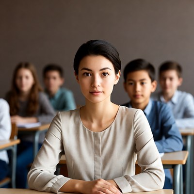 Asian teacher in classroom with students