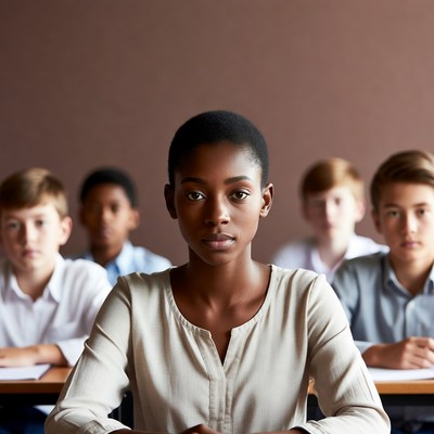 African-American woman with boys in classroom