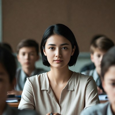 Asian teacher with students in classroom