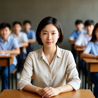 Asian teacher with students in classroom