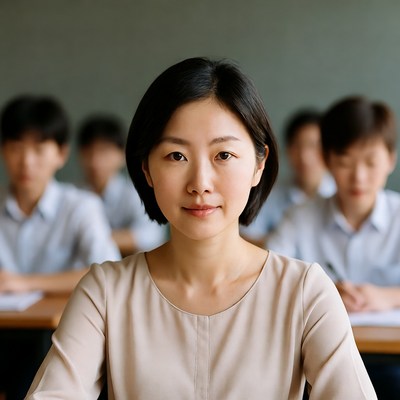 Asian teacher with students in classroom