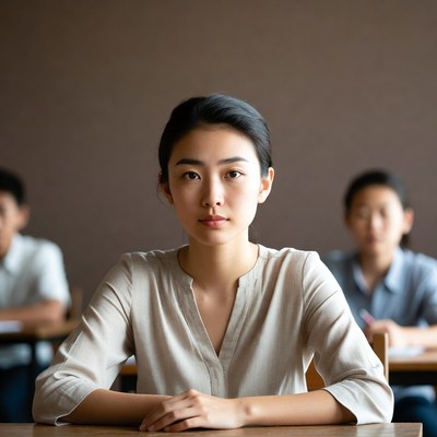 Asian woman sitting at classroom desk