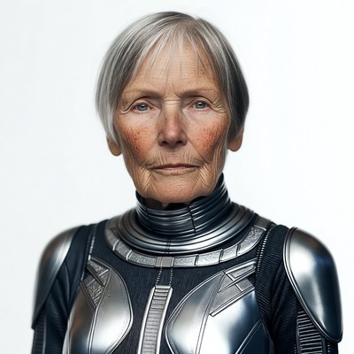 Elderly woman in futuristic armor
